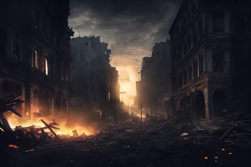 Fotobehang illustration AI de ville en ruine après une catastrophe, au crépuscule avec feu et flammes © nyothep
