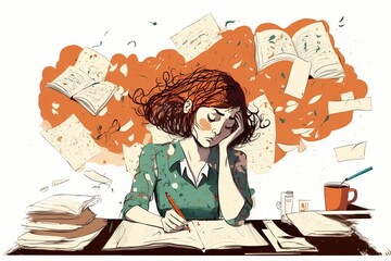 AI illustration d'une jeune fille triste qui écrit sur un journal, style bande dessinée, émotion de mélancolie