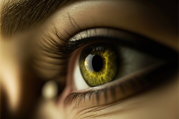 IA illustration, gros plan sur un oeil de femme avec iris et pupille jaune