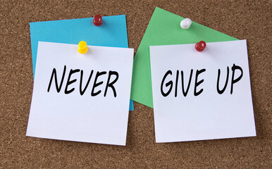 NEVER and GIVE UP - words on colorful pieces of paper attached to the note board