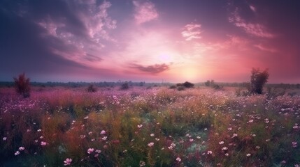 Pink flower filed with beautiful pink sky. Generative AI