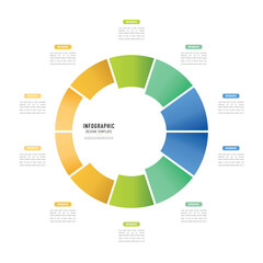 Circular infographic template or element with 10 step, process, option, colorful circle, pie, pizza, paper origami, label, rectangle, minimal, modern style for poster, sale slide, flowchart, workflow