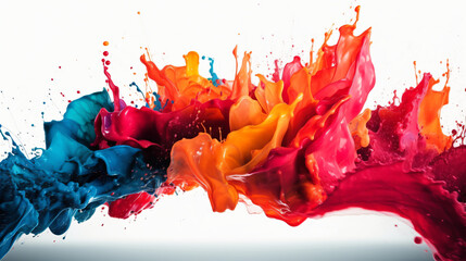 Abstract paint splash in various bright colors against a white background