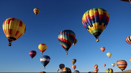 Colorful hot air balloons against a clear, blue sky