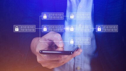 Businessman using a smartphone to Blockchain technology concept with chain of encrypted blocks to secure cryptocurrencies and bitcoin for online payments and money transaction.