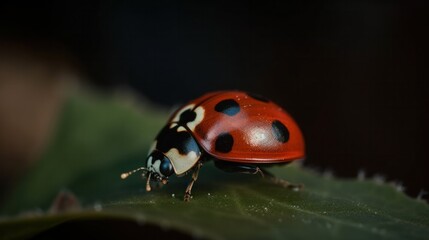 Macro image of a ladybug sitting on a leaf. Generative AI 
