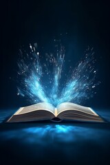 Open book with glowing rays on dark blue background. 3D rendering, generative Ai
