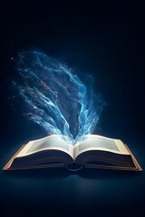 Open book with blue light on dark background. Fantasy and education concept, generative Ai