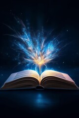Open book with magic firework over dark blue background. 3D rendering, generative Ai