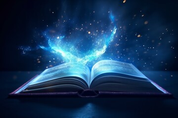 Open book with glowing light beam on dark background. Fantasy concept, generative Ai