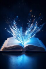 Open book with glowing lines and bokeh on dark background, generative Ai