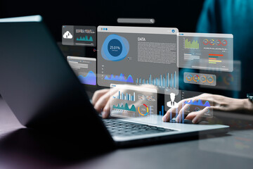 An analyst uses a computer and dashboard for data business analysis and Data Management System with...