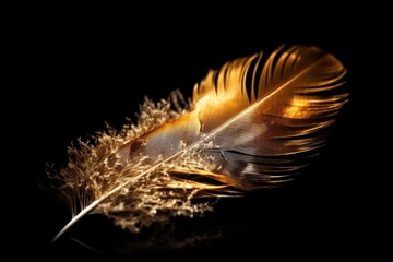 Golden ethereal bird feather on black background. Generative AI 