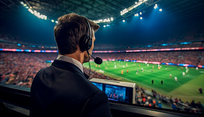 Football commentator of the final football match of the World Cup. Generative AI - obrazy, fototapety, plakaty