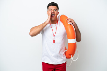 Young handsome man isolated on white background with lifeguard equipment and shouting with mouth...