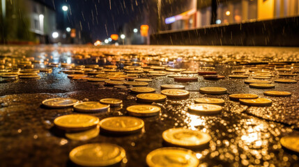 Nighttime Reflections: Euro Coins Resting on Rain-Soaked Asphalt. Generative AI