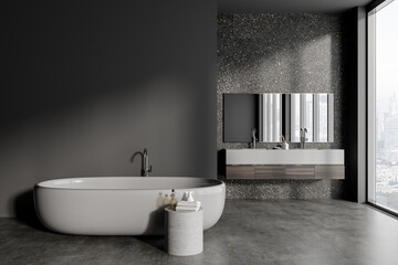 Fototapeta na wymiar Gray stone bathroom interior with double sink and tub