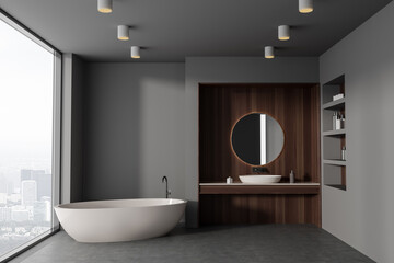 Gray and wooden bathroom interior with tub and sink