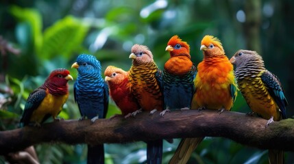Obraz premium Tropical Symphony - Harmonious Birds Creating a Lively Melody on a Branch