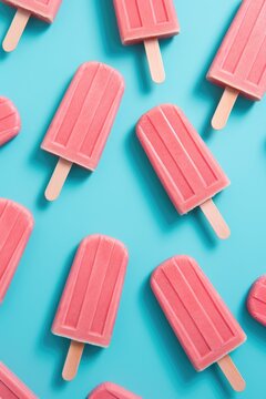 Sweet Delights: Vibrant Pink Popsicle Ice Creams on a Serene Blue Background