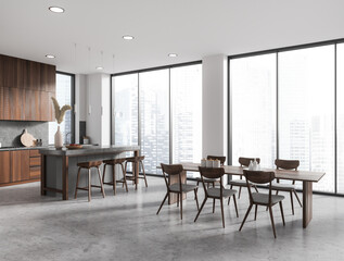 Panoramic gray kitchen corner with bar and table