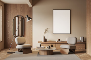 Beige and wooden living room with armchairs, dresser and poster - obrazy, fototapety, plakaty
