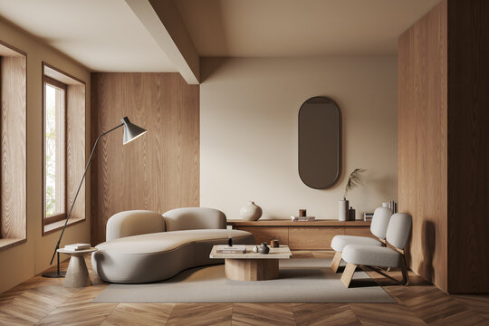 Beige and wooden living room interior with dresser, sofa and mirror