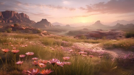 Fototapeta na wymiar field of daisies with beautiful sunset sky. Generative AI