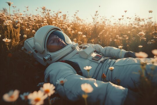 Astronaut laying flowers field. Generate Ai