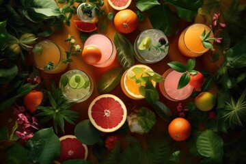 Refreshing summer drinks with oranges, grapefruits and lime, generative Ai