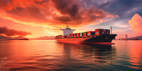 Container cargo ship in ocean at sunset dramatic sky backgroun. Generative AI