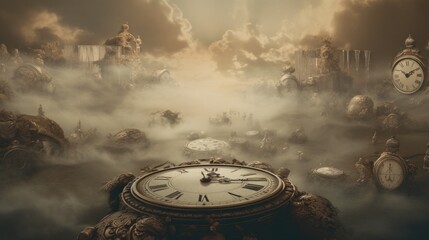 Surreal unearthly landscape with vintage clock among the clouds. Generative AI