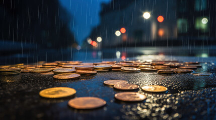 Nightfall Treasures: Euro Coins Illuminated on Rain-Soaked Asphalt. Generative AI