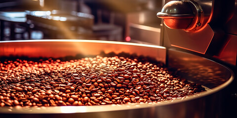 Fototapeta na wymiar Freshly roasted coffee beans from a large roaster in the cooling cylinder. Generative AI