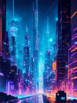 Cyber future cityscape at night, Generative AI Illustration.