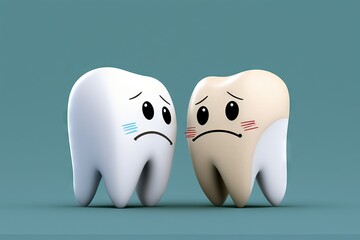 Dental care concept: Two cartoon teeth healthy and ill