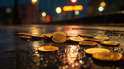Euro Coins: Glowing Reflections on Rain-Soaked Asphalt at Night. Generative AI
