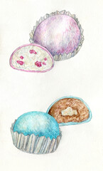 Hand painted watercolor mochi dessert pink and blue on white background - delicious desserts  - 606995960