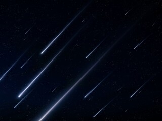 Falling meteors against the background of stars. A stream of meteorites in the sky. Glow of shooting stars at night. © Nazarii