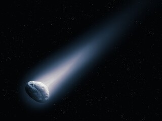 Beautiful comet tail glows in space. Ice from the surface of a comet evaporates under the influence of the sun.