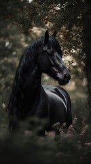Naklejka na ściany i meble a black horse is standing in a field of grass and flowers in front of a tree with its head turned to the side and it's head. generative ai