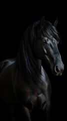 Fototapeta na wymiar a black horse standing in the dark with its head turned to the side and it's head turned to the side and it's head slightly to the side. generative ai