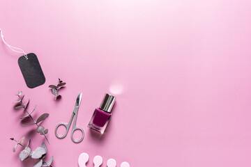 Ein pinker Nagellack und eine Nagelschere auf einem rosa Hintergrund. Flat lay, Kosmetik.
