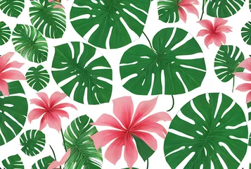 Papier Peint photo Plantes tropicales Tropical leaves and flowers on stem pattern.