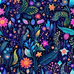 Celestial elements with earthly botanical elements like flowers, plants. Seamless pattern background for textiles, fabrics, covers, wallpapers, print, gift wrapping