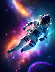 Cosmic odyssey as an astronaut floats weightlessly amidst a mesmerizing tapestry of galaxies. Generated by AI.