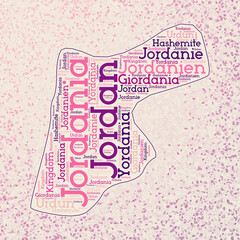 Jordan shape whith country names word cloud in multiple languages. Jordan border map on beautiful triangles scattered around. Creative vector illustration.