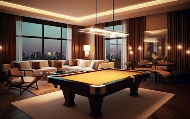 Modern Living Room Interior Design with a Billard Table. Spacious Luxury Contemporary Home Concept. Generative AI illustration.