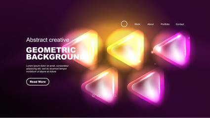 Abstract background landing page, glass geometric shapes with glowing neon light reflections, energy effect concept on glossy forms