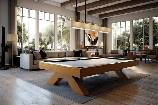 Modern Living Room Interior Design with a Billard Table. Spacious Luxury Contemporary Home Concept. Generative AI illustration.